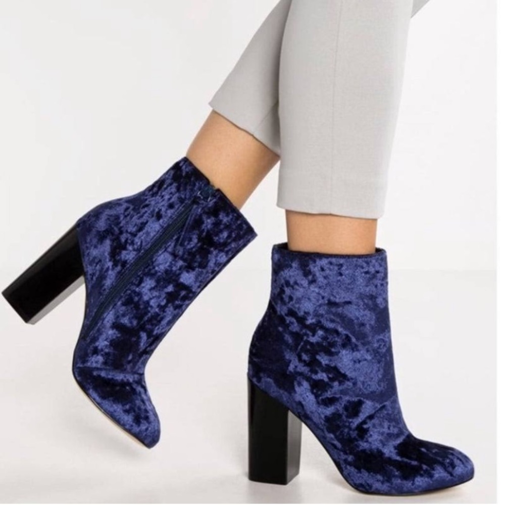 Blue crushed velvet booties